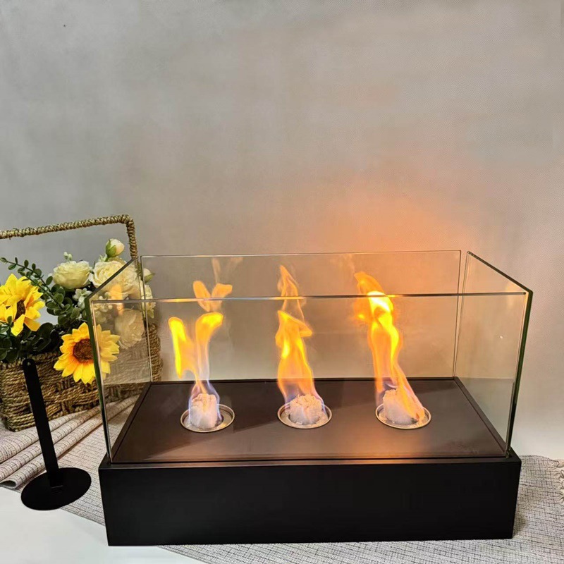 焚き火台 卓上型三連炎ガラス囲い式室内用焚き火台