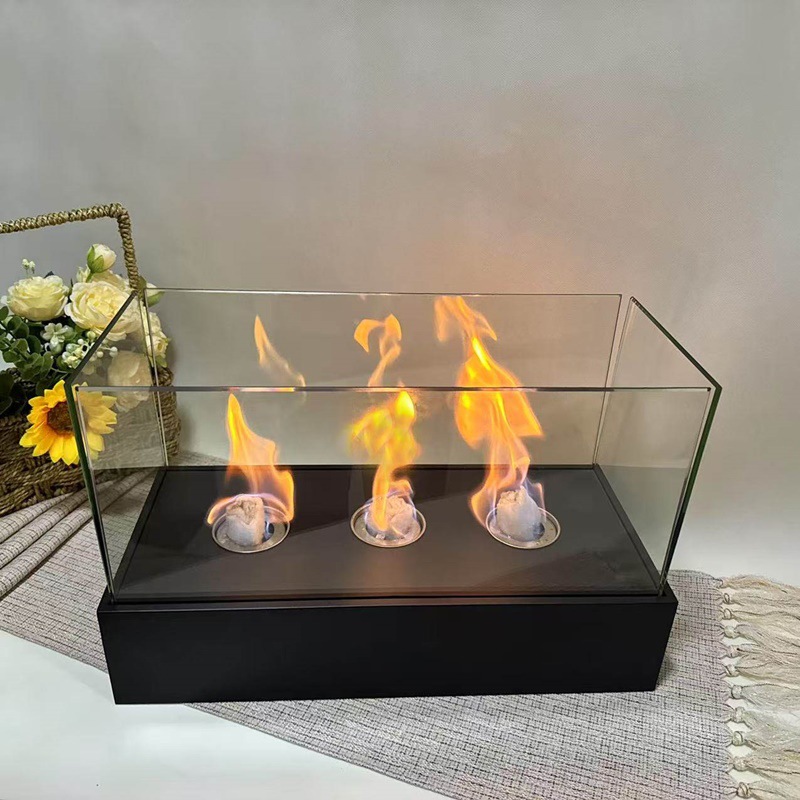 焚き火台 卓上型三連炎ガラス囲い式室内用焚き火台