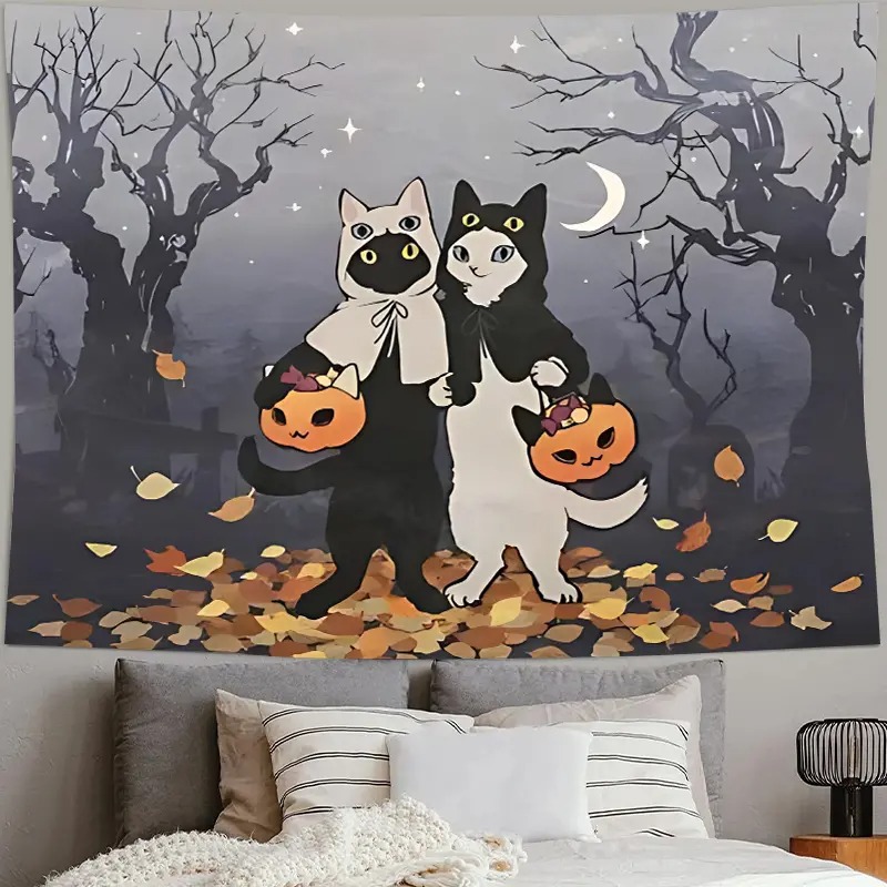 タペストリー ハロウィン仮装猫とかぼちゃ灯篭の月夜壁掛け布
