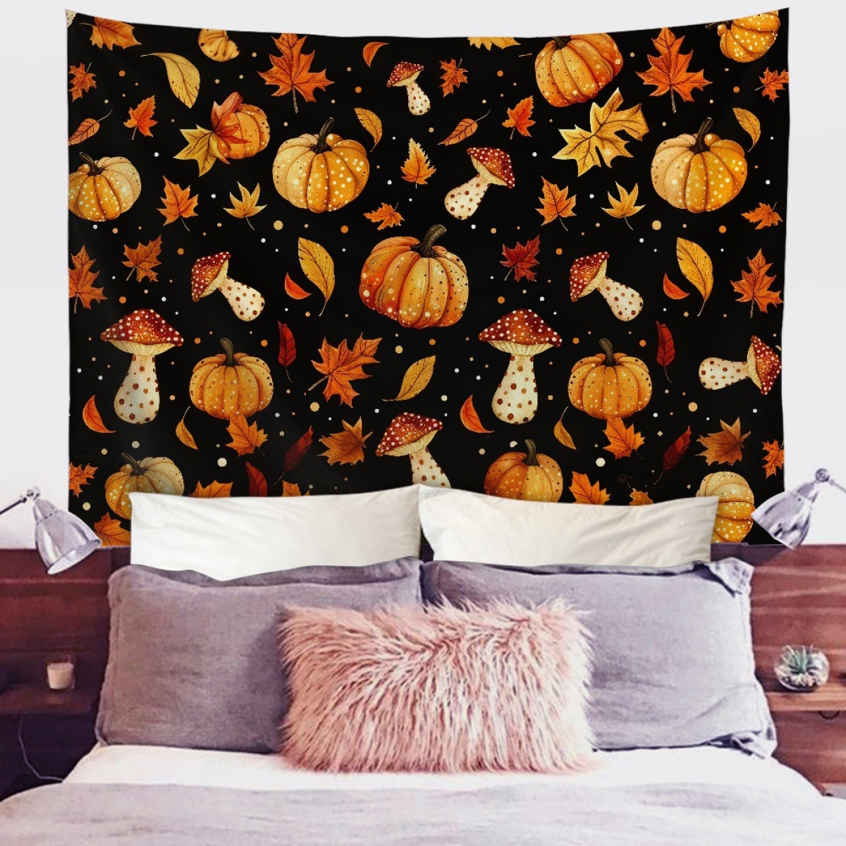 かぼちゃときのこや可愛らしいアイテムが散りばめられた秋模様ハロウィンタペストリー