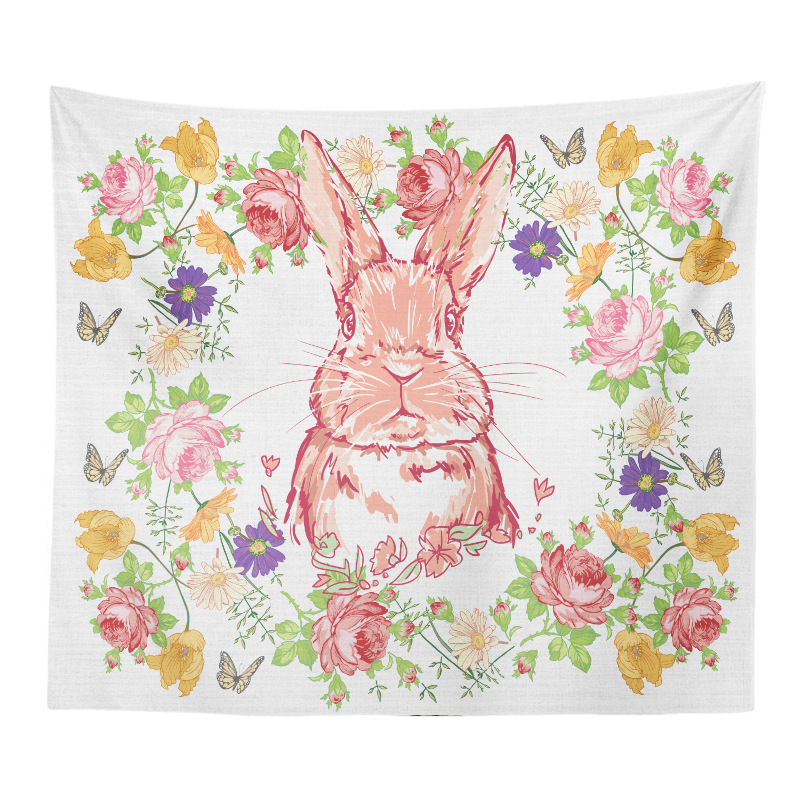  花々に囲まれたうさぎの動物壁掛けタペストリー