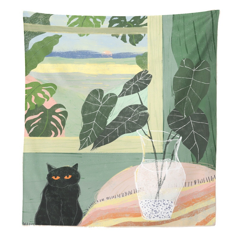 大判・特大 黒猫と観葉植物の窓辺イラストタペストリー