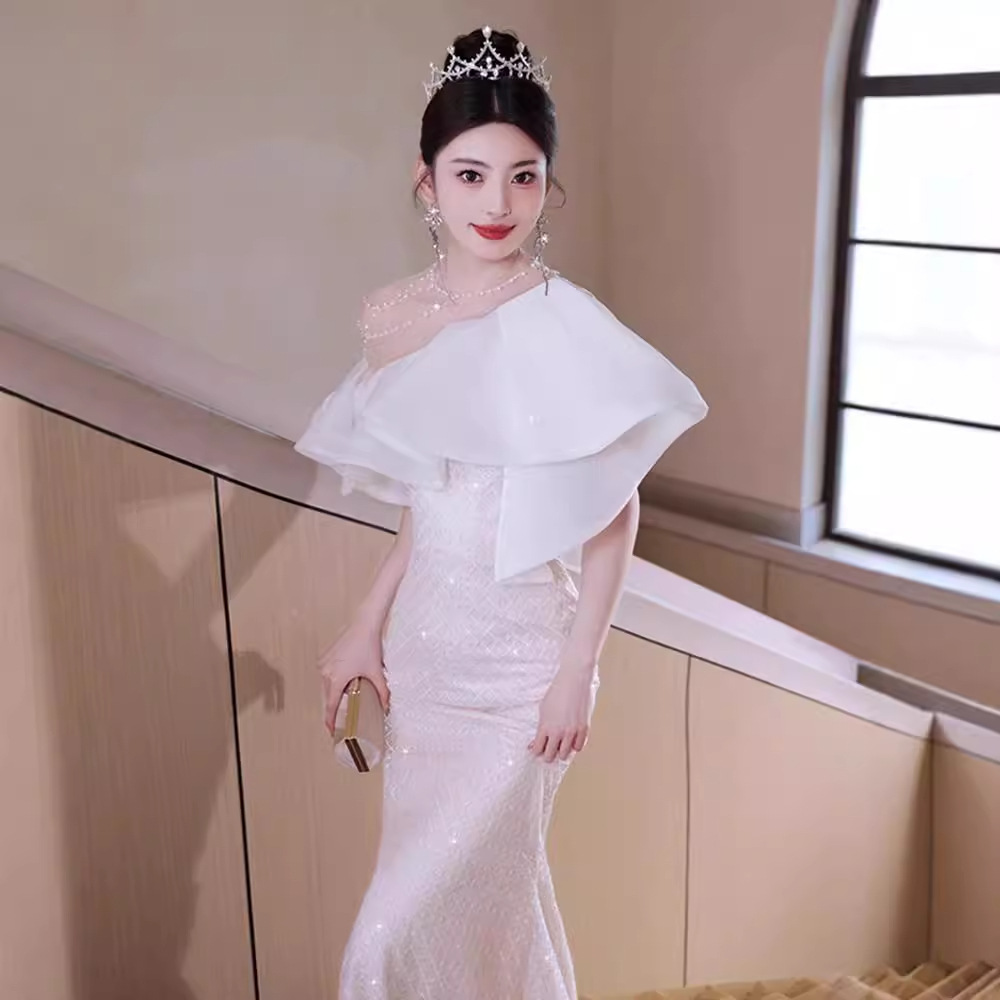 ロングドレス 上品な花嫁風ラッフルショルダードレス