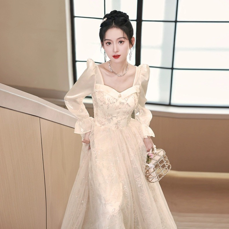 ロングドレス 優美な花柄チュールパフスリーブドレス