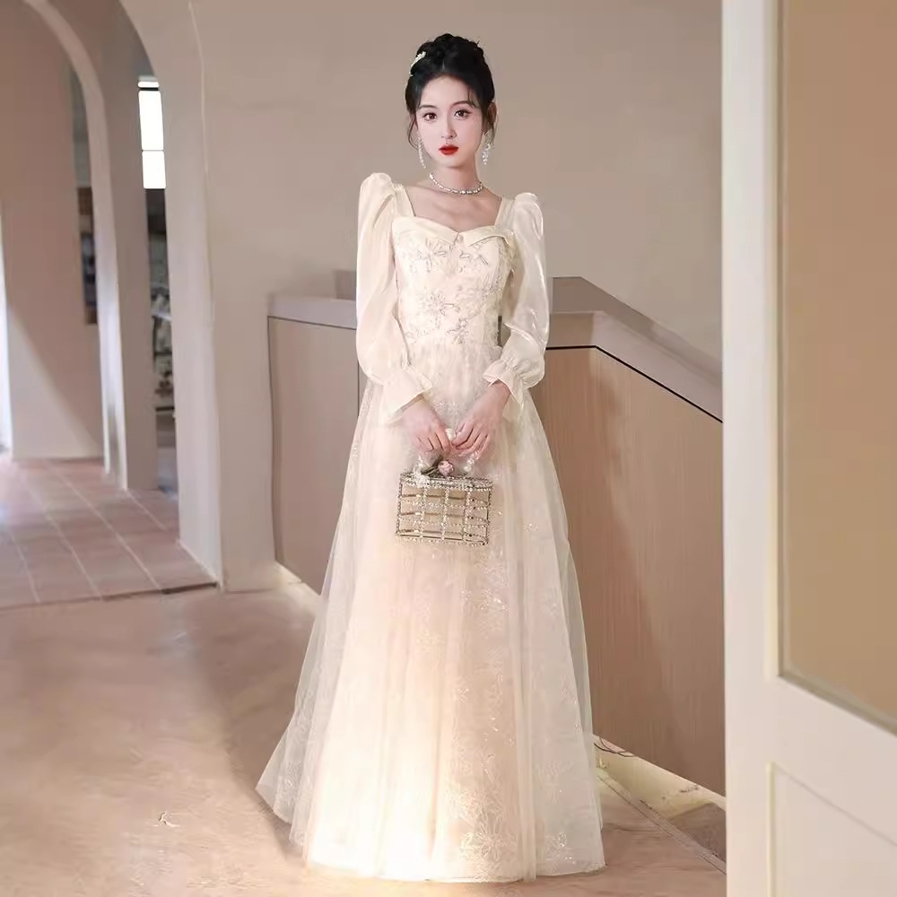 ロングドレス 優美な花柄チュールパフスリーブドレス