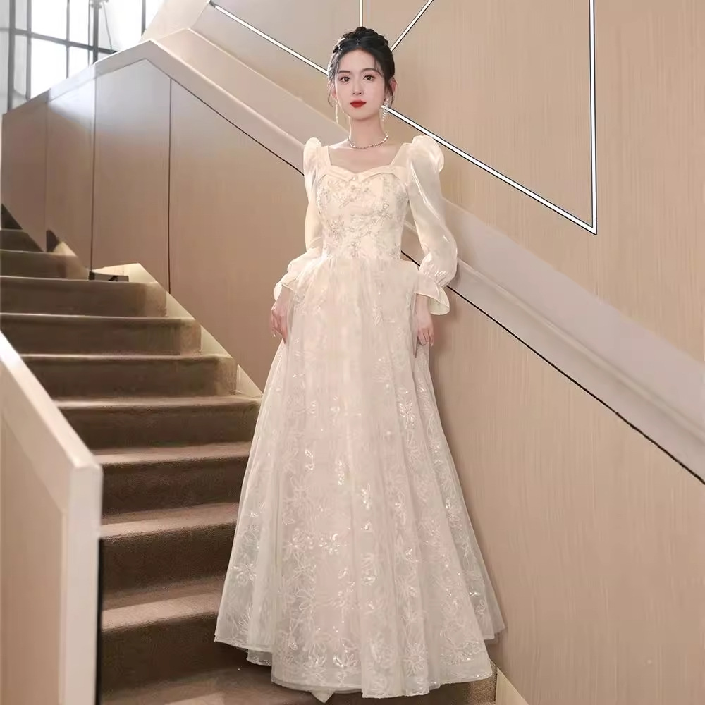 ロングドレス 優美な花柄チュールパフスリーブドレス