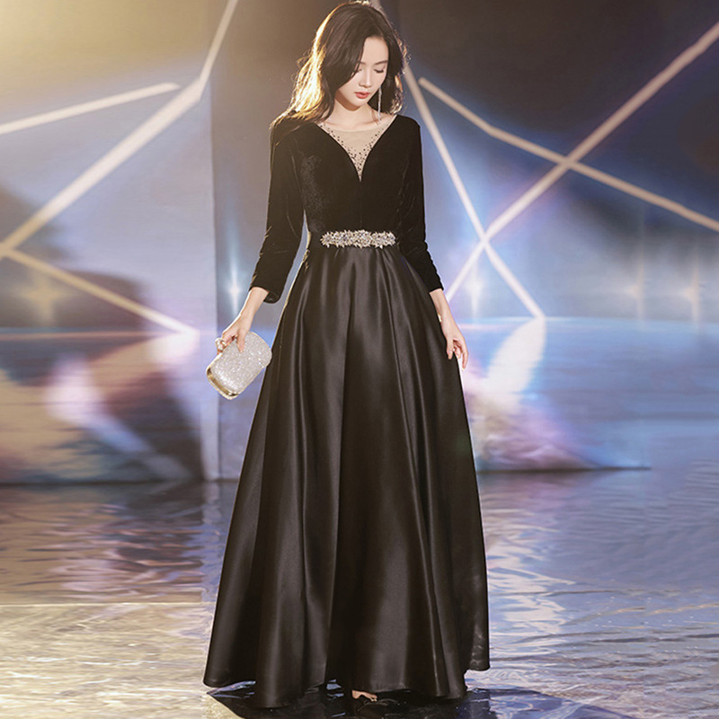ロングドレス 上品な胸元シアー切替ベロアドレス