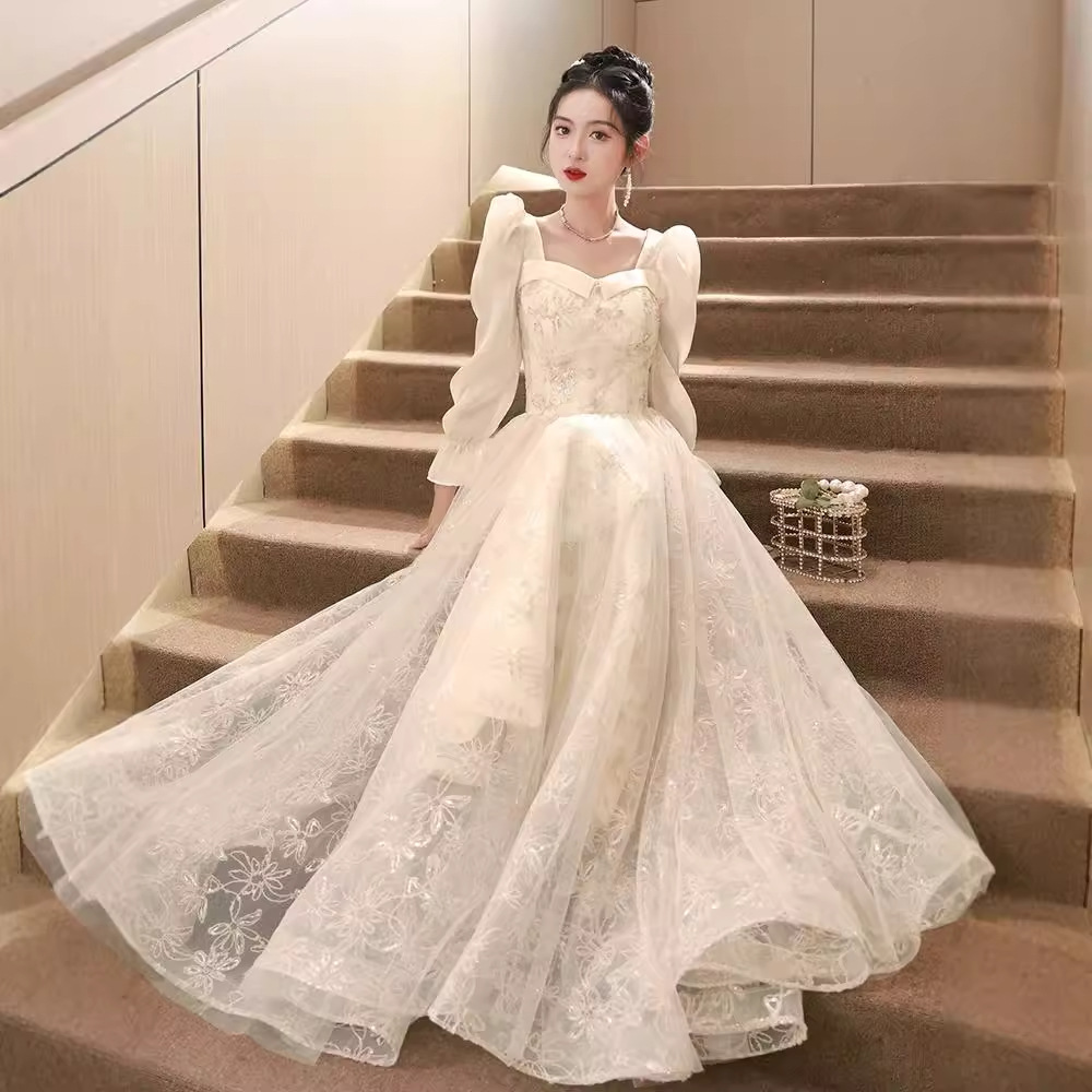 ロングドレス 優美な花柄チュールパフスリーブドレス