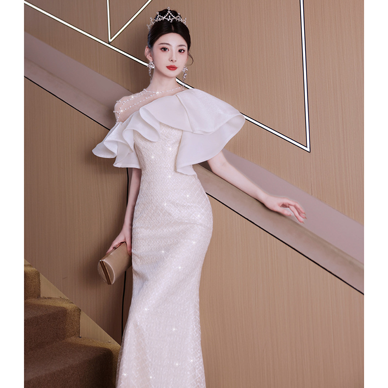 ロングドレス 上品な花嫁風ラッフルショルダードレス