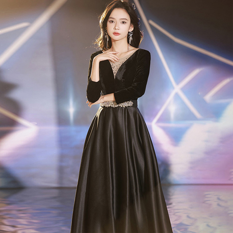 ロングドレス 上品な胸元シアー切替ベロアドレス