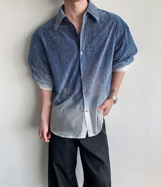 30代メンズファッション グラデーション長袖シャツ メンズ カジュアル