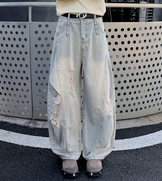 30代メンズファッション ダメージ加工デニムワイドパンツ グレー