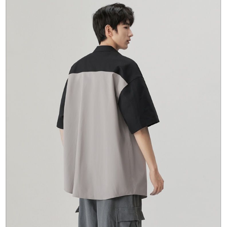 30代メンズファッション 切り替えデザイン半袖シャツ