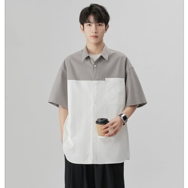 30代メンズファッション 切り替えデザイン半袖シャツ