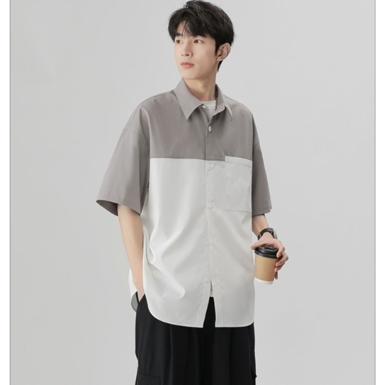 30代メンズファッション 切り替えデザイン半袖シャツ