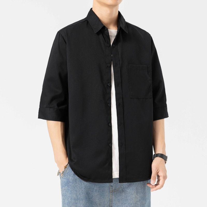 30代メンズファッション 七分袖スタンダードポケットシャツ