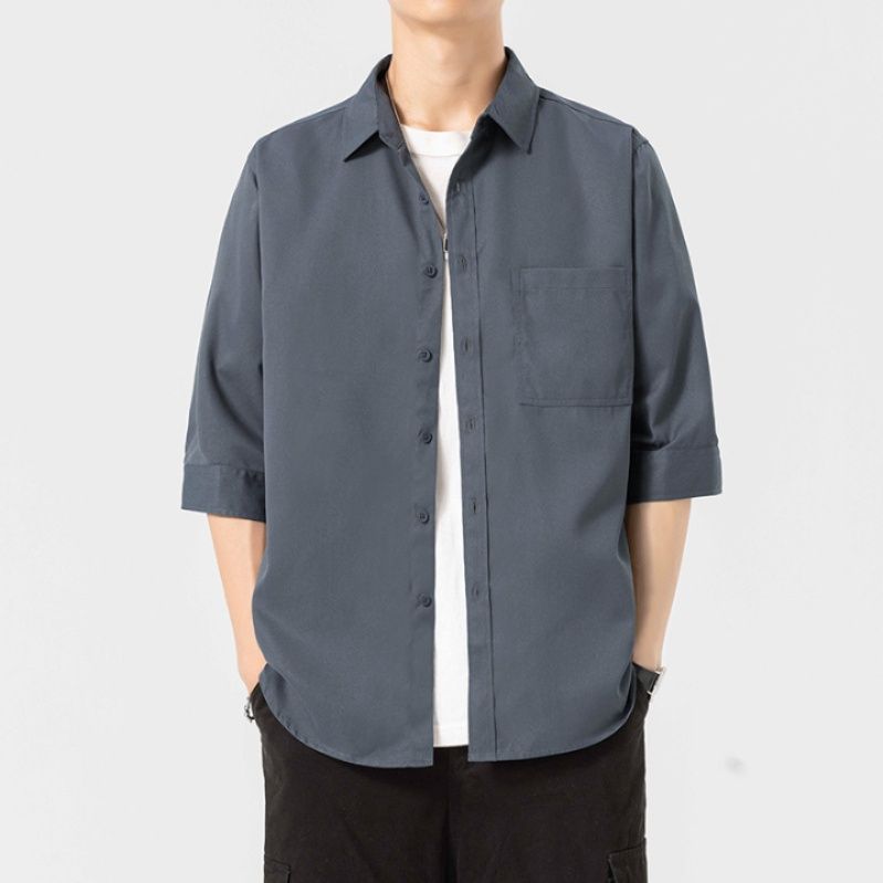 30代メンズファッション 七分袖スタンダードポケットシャツ