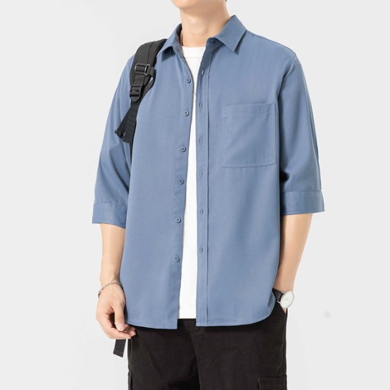 30代メンズファッション 七分袖スタンダードポケットシャツ