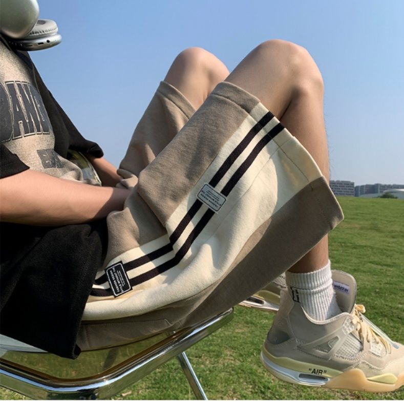 30代メンズファッション ツートーンデザインショートパンツ