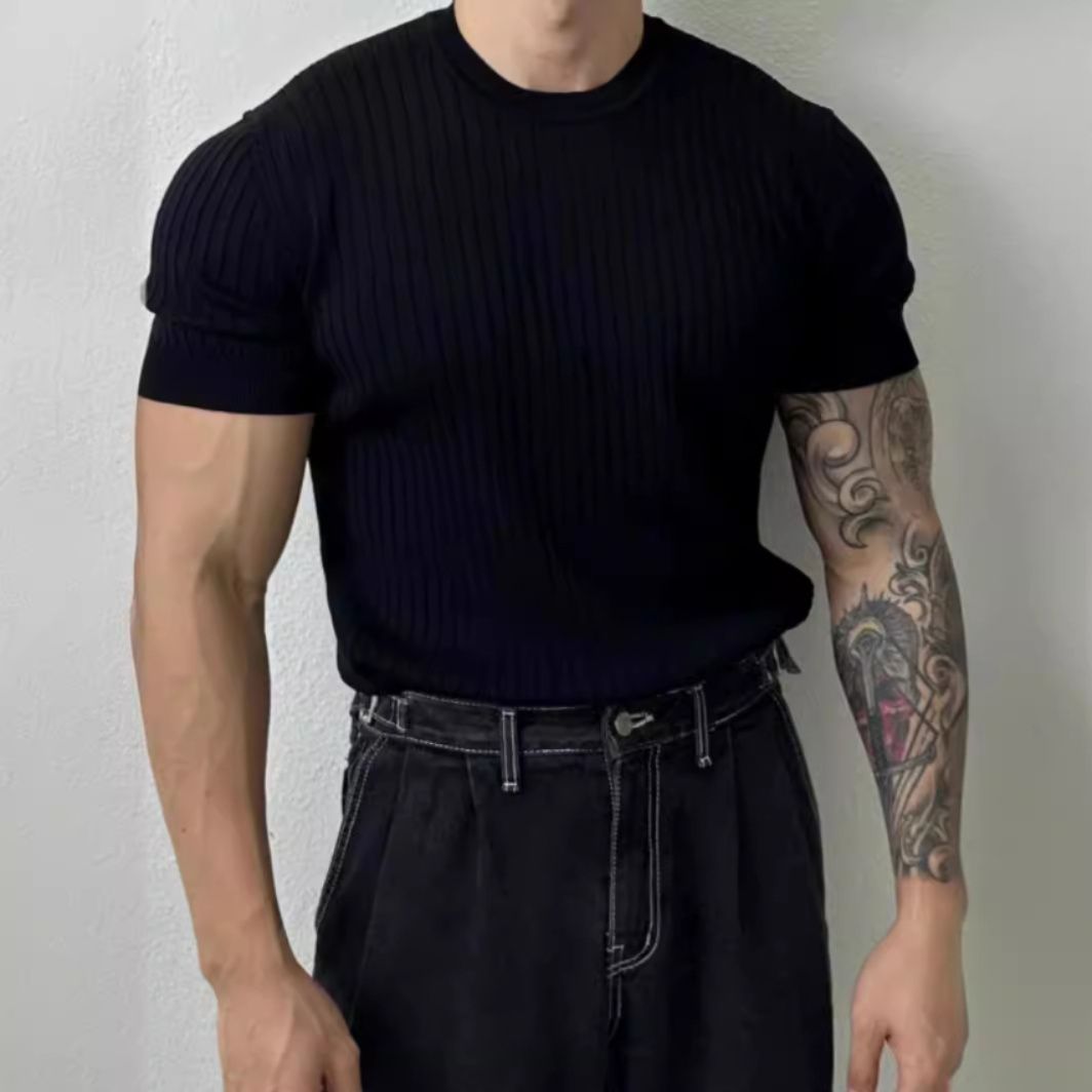 30代メンズファッション 立体リブ編みフィット半袖ニット