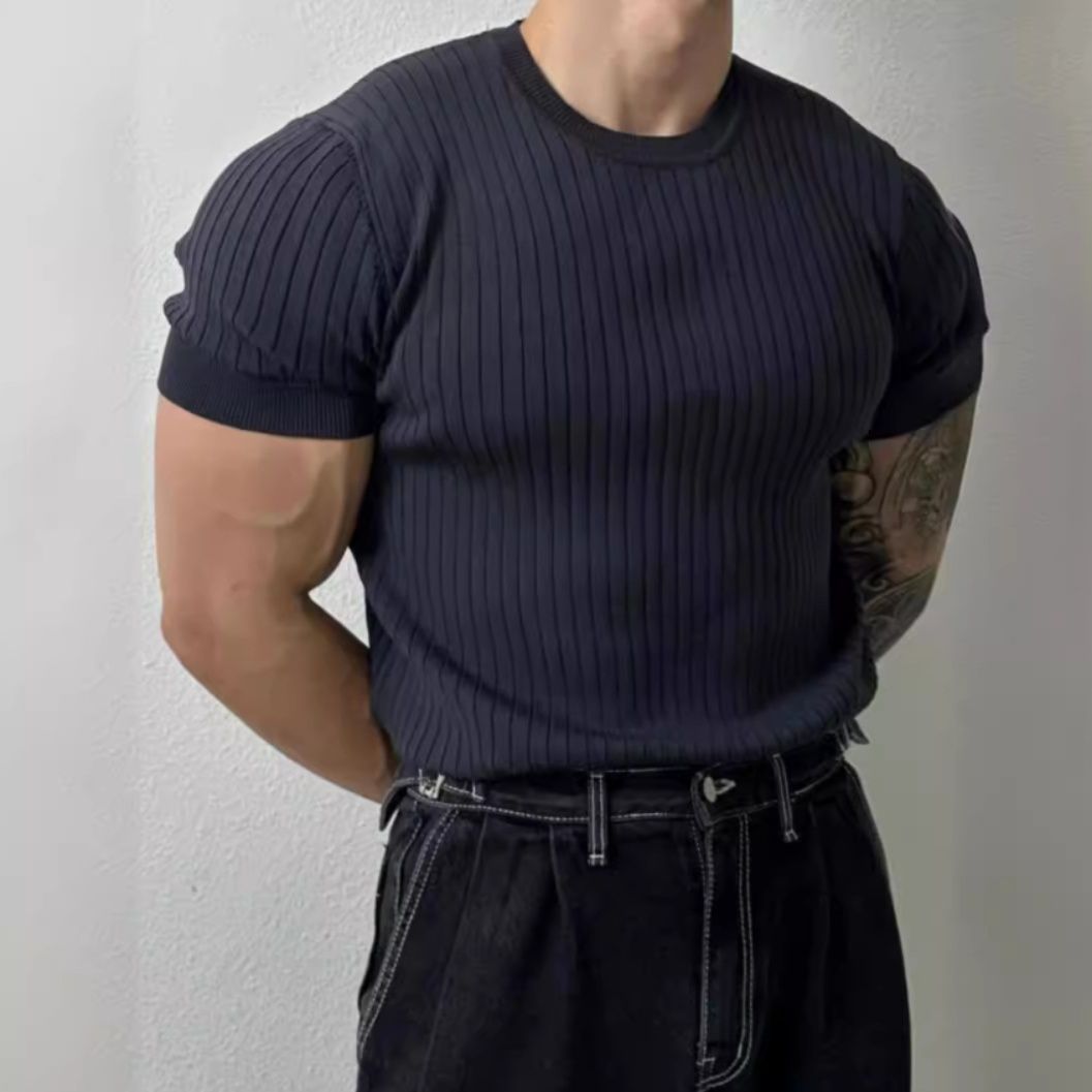 30代メンズファッション 立体リブ編みフィット半袖ニット