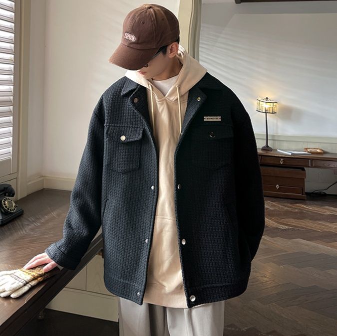 30代メンズファッション ワッフル生地シャツジャケット