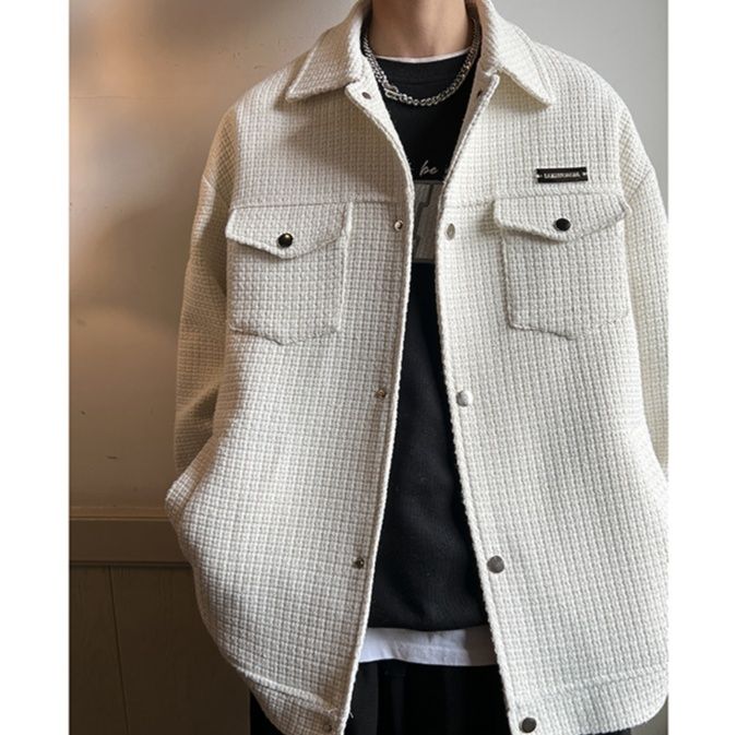30代メンズファッション ワッフル生地シャツジャケット