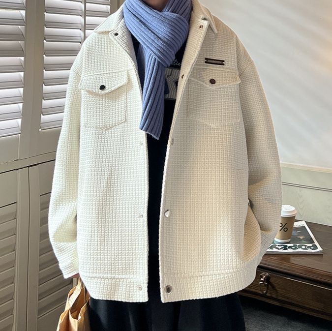 30代メンズファッション ワッフル生地シャツジャケット