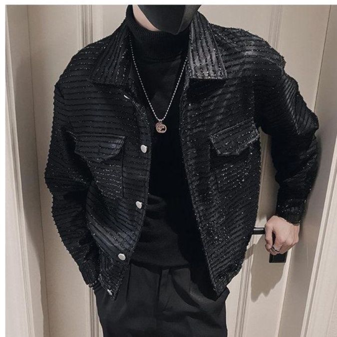 30代メンズファッション 煌めきストライプシャツジャケット