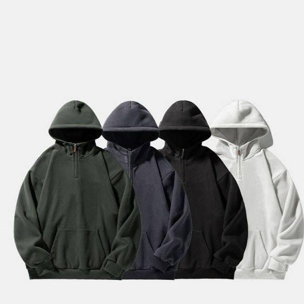 30代メンズファッション 無地ハーフジップパーカー フード付き裏起毛