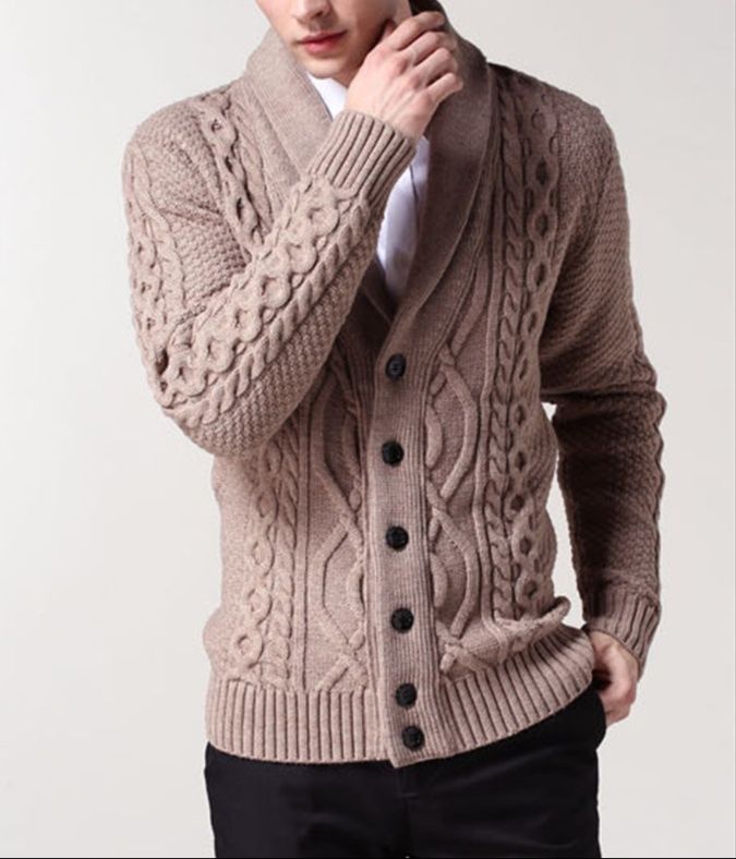 30代メンズファッション ショールカラー編み模様カーディガン