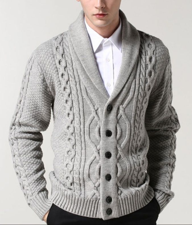 30代メンズファッション ショールカラー編み模様カーディガン