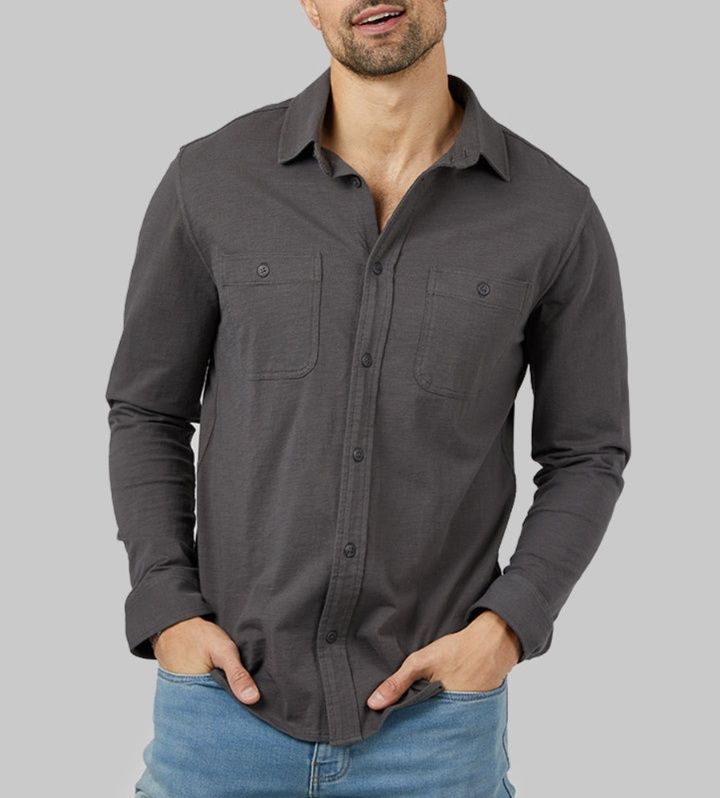 30代メンズファッション スリムフィット長袖ワークシャツ