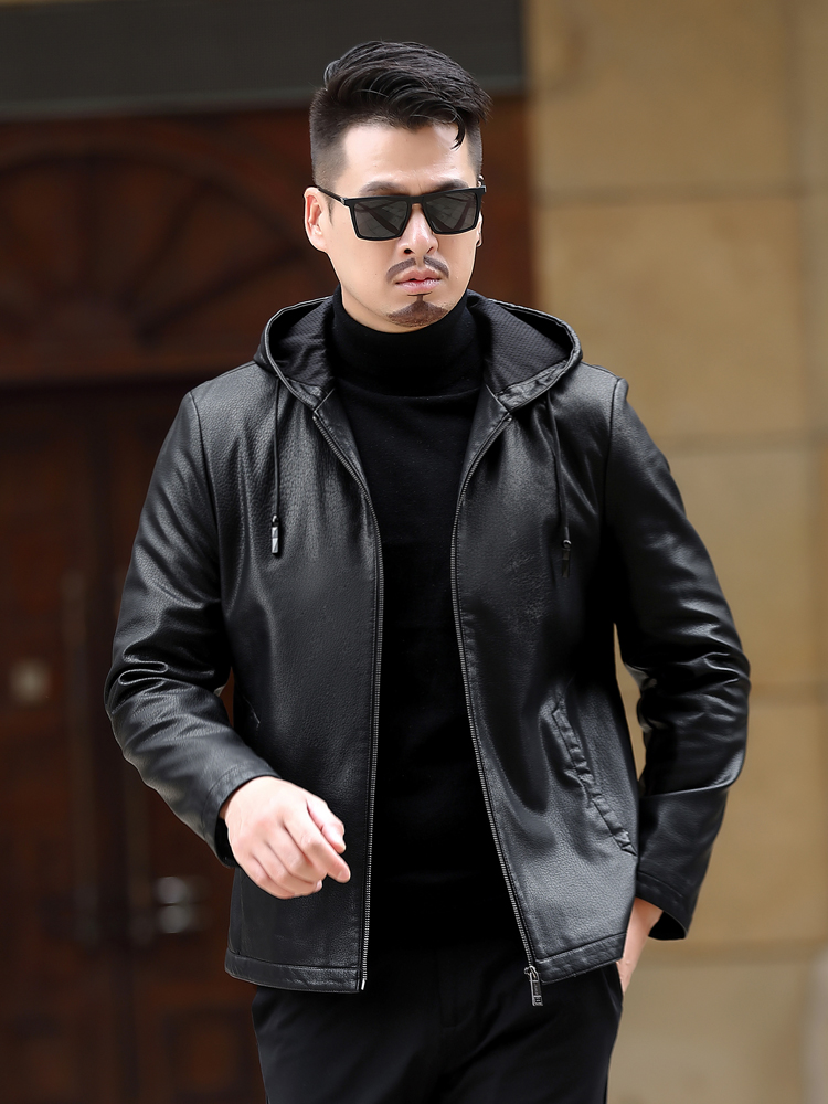 30代メンズファッション 上質フード付きレザージャケット