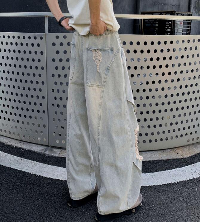 30代メンズファッション ダメージ加工デニムワイドパンツ グレー