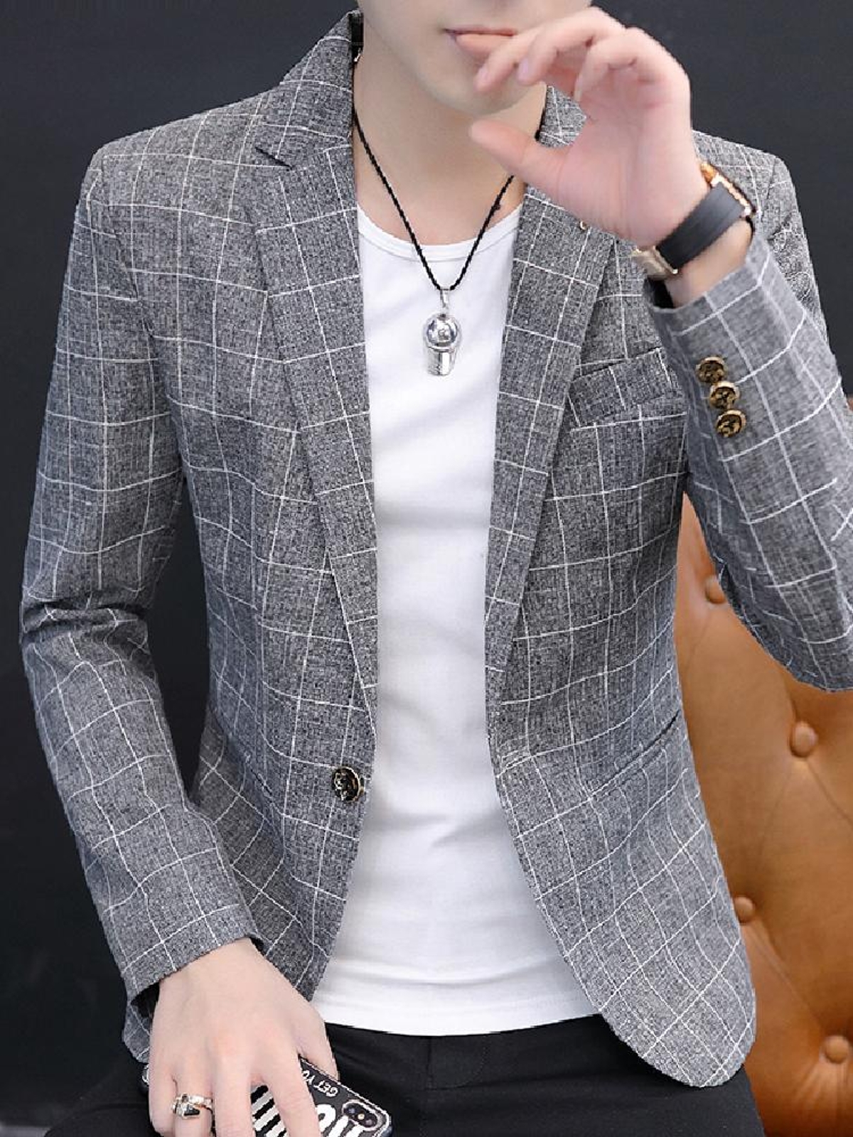 30代メンズファッション 格子柄スマートジャケット