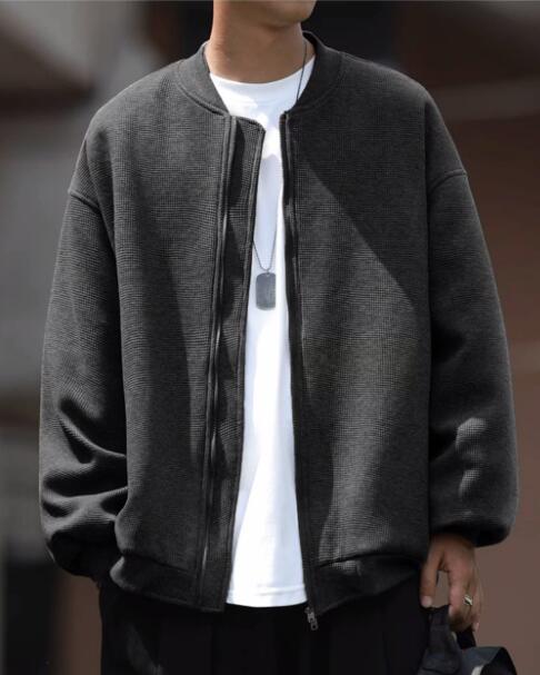 30代メンズファッション チェック柄ノーカラージャケット軽量アウター