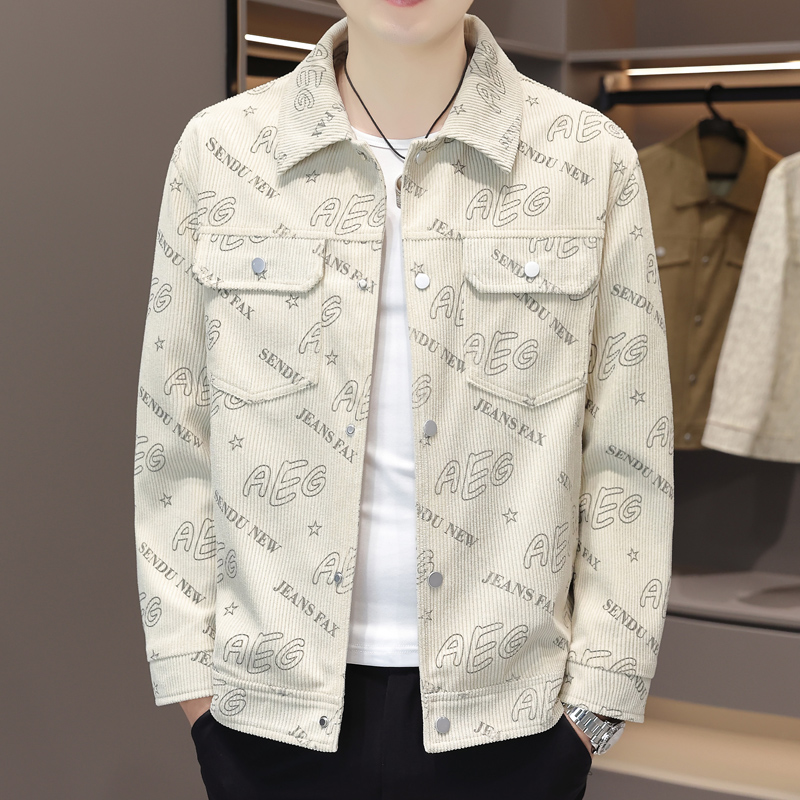 30代メンズファッション 総柄コーデュロイワークジャケット
