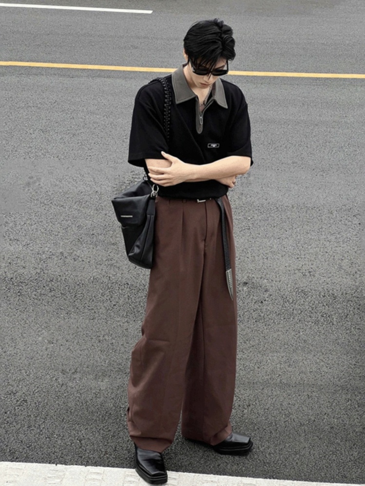 30代メンズファッション バイカラー襟半袖プルオーバーシャツ