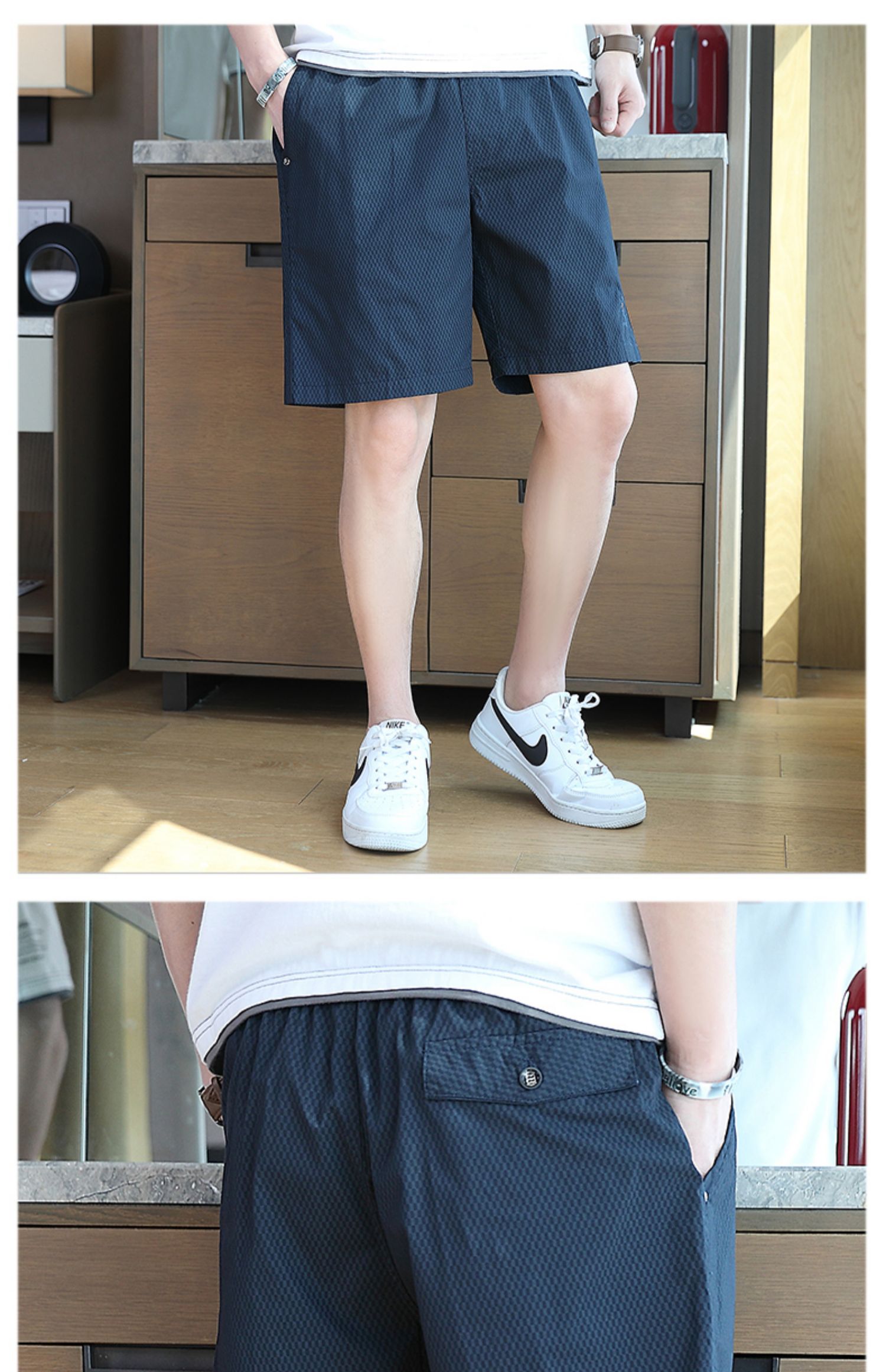 30代メンズファッション 立体織柄ショートパンツ