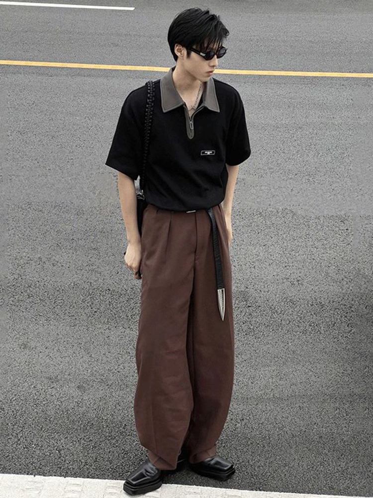 30代メンズファッション バイカラー襟半袖プルオーバーシャツ