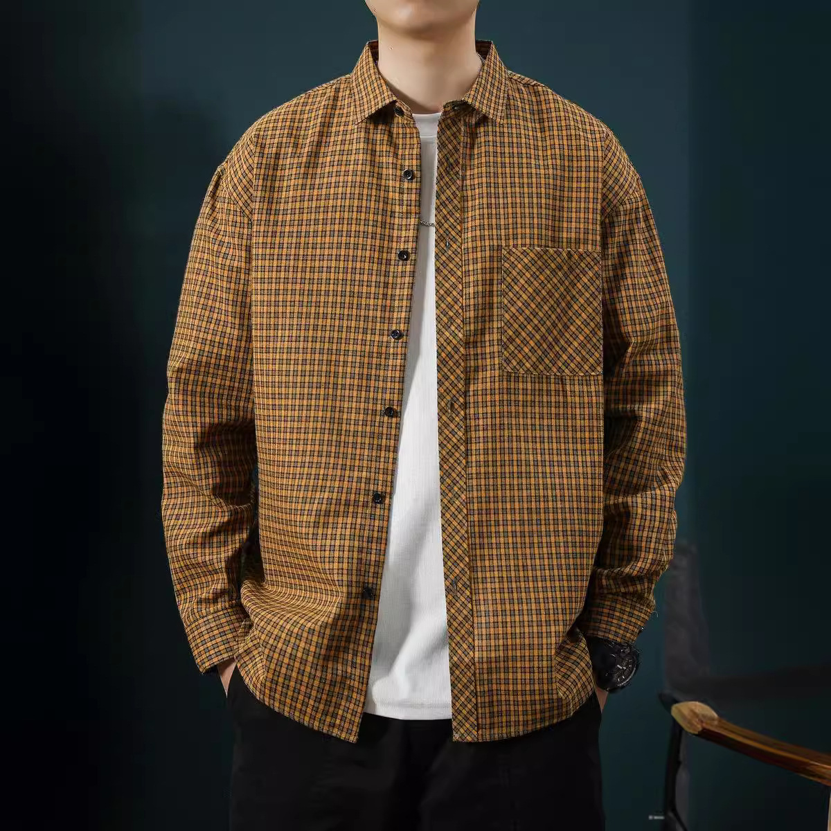 30代メンズファッション ゆったりシルエットチェック柄長袖シャツ