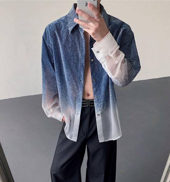 30代メンズファッション グラデーション長袖シャツ メンズ カジュアル