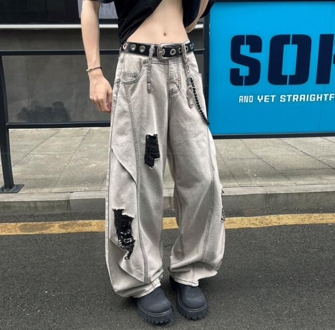 30代メンズファッション ダメージ加工デニムワイドパンツ グレー