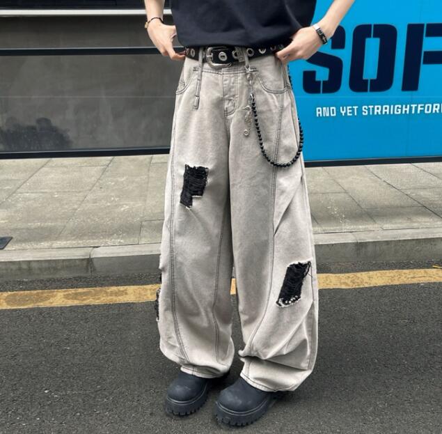 30代メンズファッション ダメージ加工デニムワイドパンツ グレー