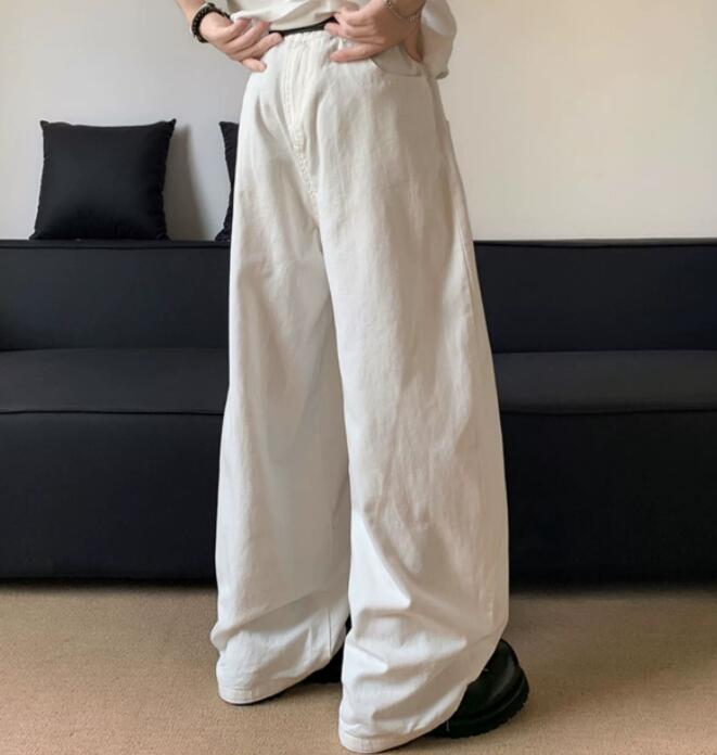 30代メンズファッション 刺繍デザイン ワイドデニムパンツ 白 メンズ