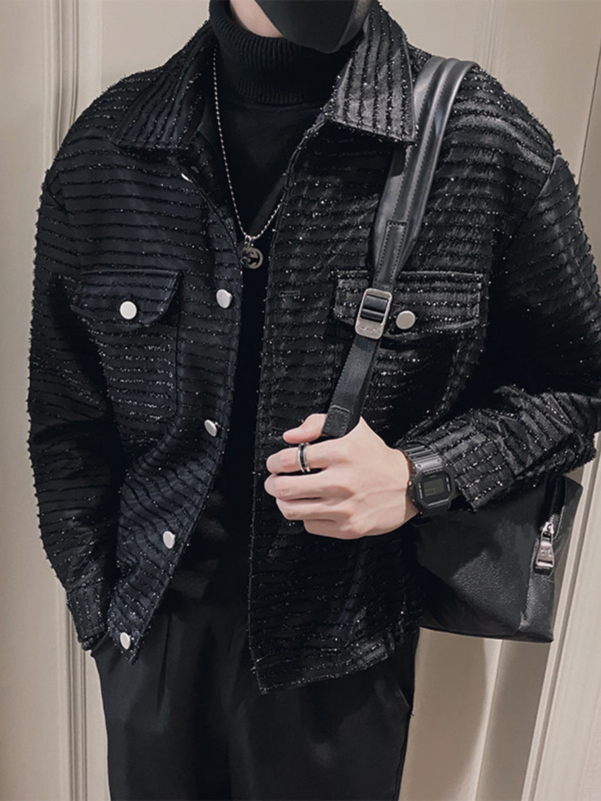 30代メンズファッション 煌めきストライプシャツジャケット