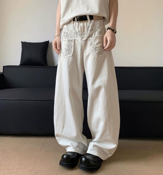 30代メンズファッション 刺繍デザイン ワイドデニムパンツ 白 メンズ