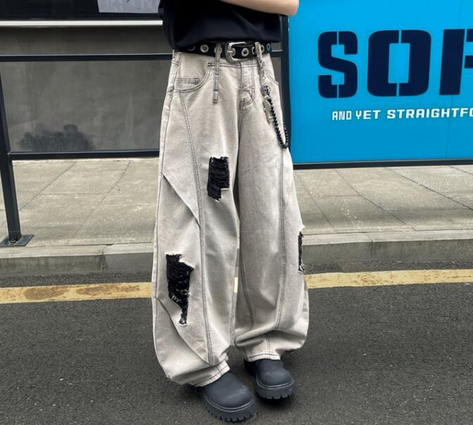 30代メンズファッション ダメージ加工デニムワイドパンツ グレー