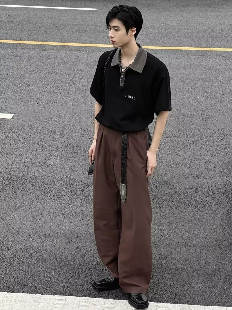 30代メンズファッション バイカラー襟半袖プルオーバーシャツ